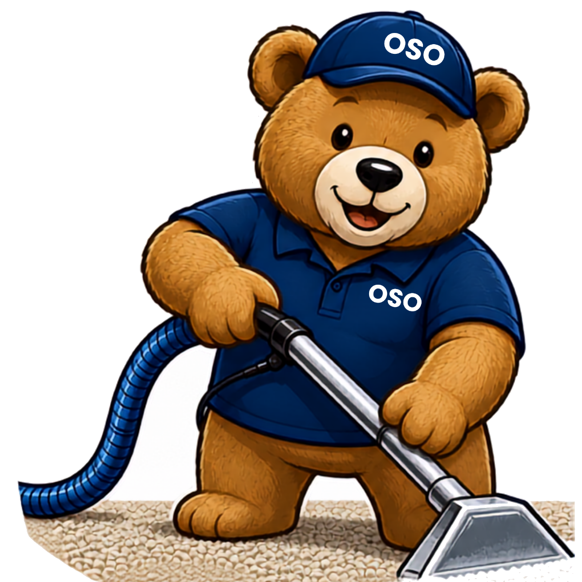 OSO Clean mascot — teddy bear steam cleaning carpet with a stainless wand